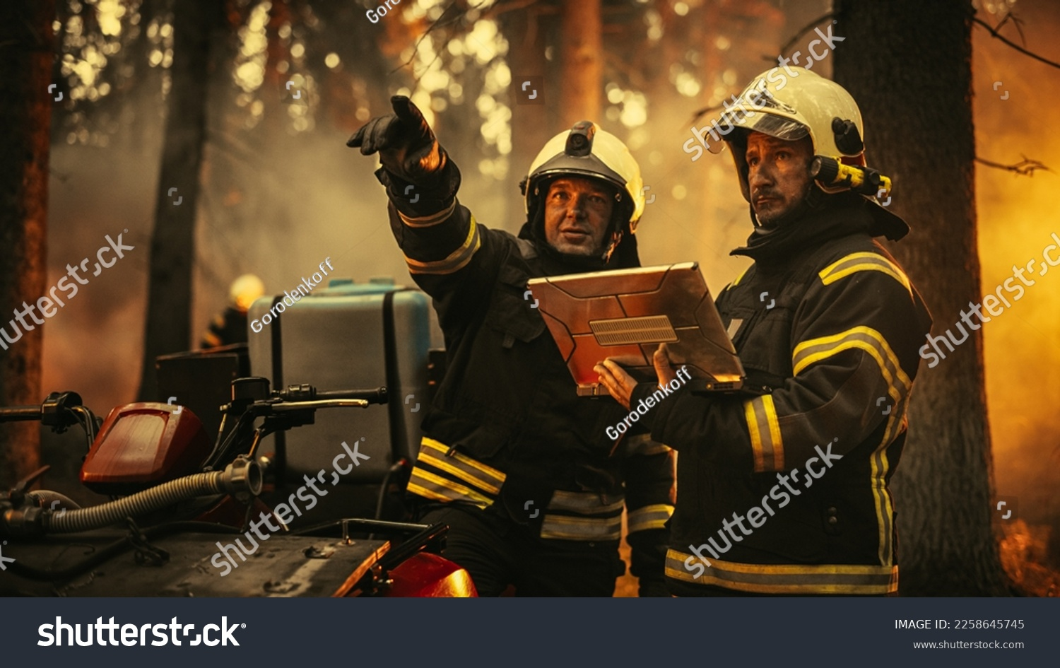 Two wildland firefighters in front of a burning forest, with a stock photo watermark overlaid.