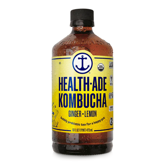 A bottle of Health-Ade ginger lemon kombucha.