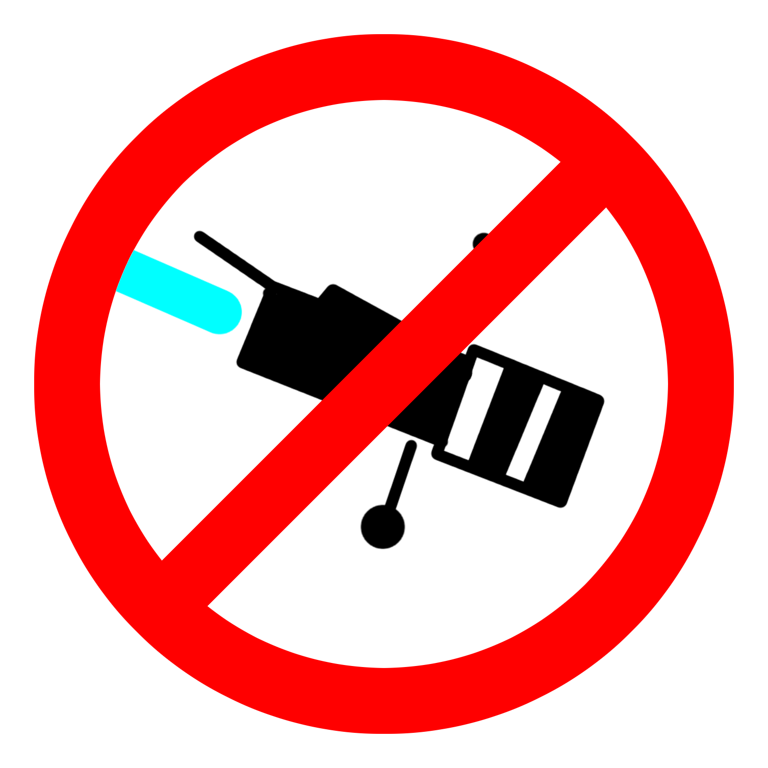 A traced image of the Hubble Space Telescope with a blue line coming out of it and a red circle with a line through it (no sign) over it.